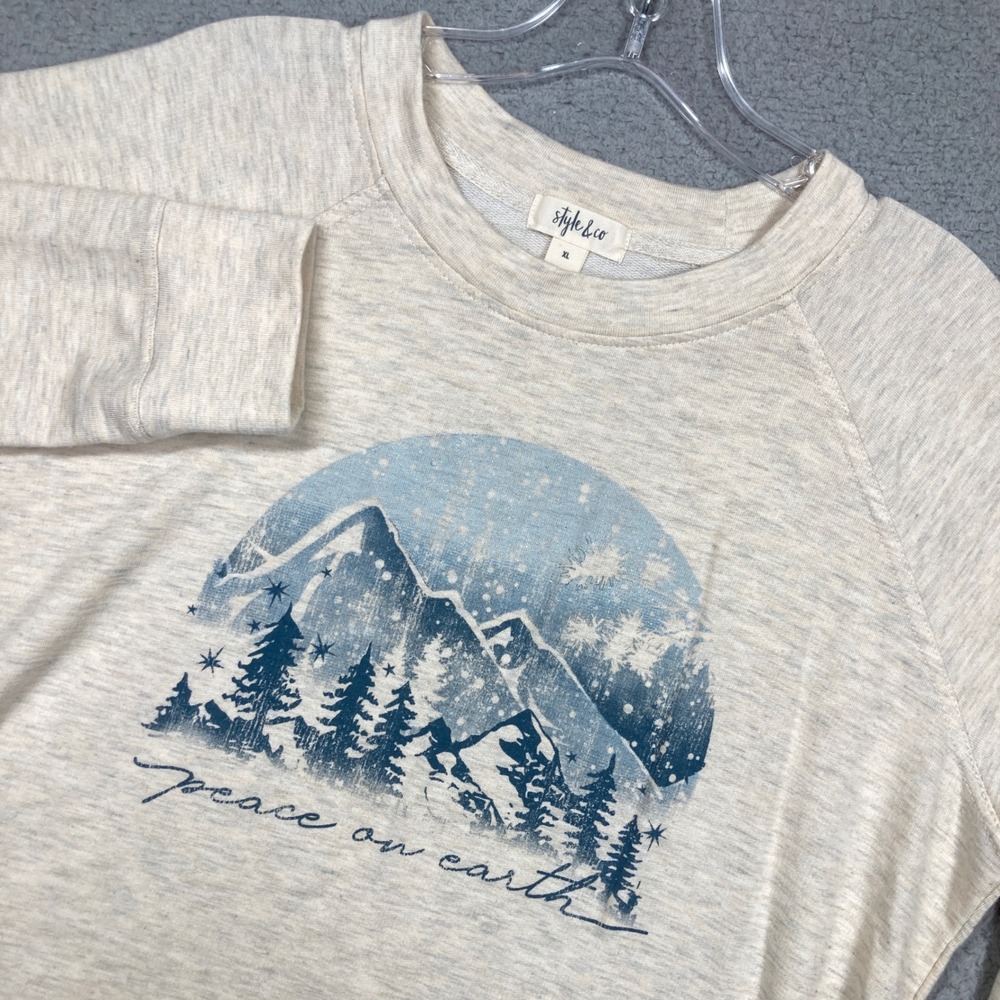 Style & Co Sweatshirt‎ Women XL Oatmeal Peace on Earth Mountain Graphic Raglan